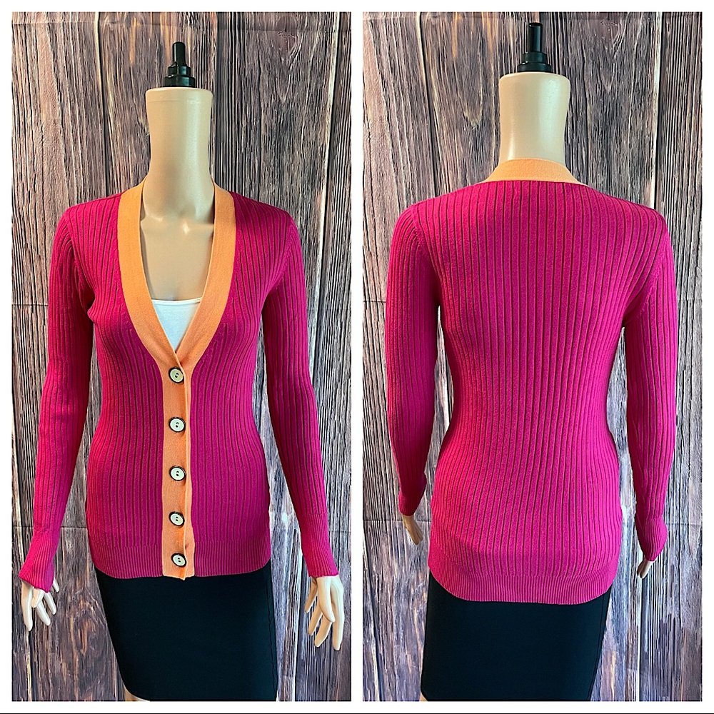 Old Navy sz small hot pink & orange with cream buttons boho bright knit cardigan